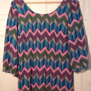HELLO MISS LARGE SHIFT DRESS 3/4 SLEEVE CHEVRON